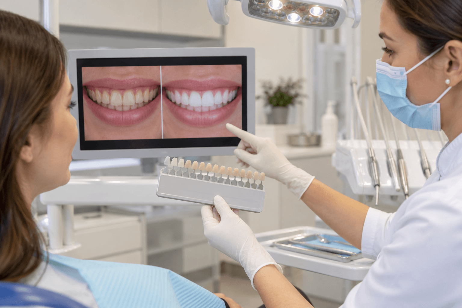 Professional teeth whitening consultation showing a patient in a dental chair with whitening shade guide